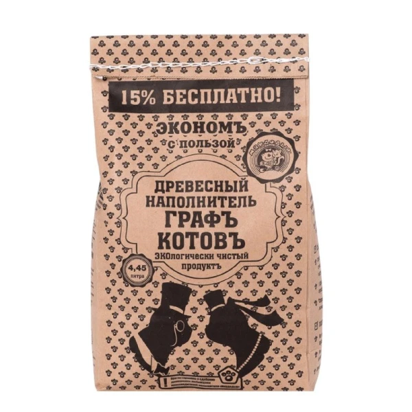 Наполнитель древесный для кошачьего туалета Графъ Котовъ 2кг (4,45л) крафт-пакет (5)
