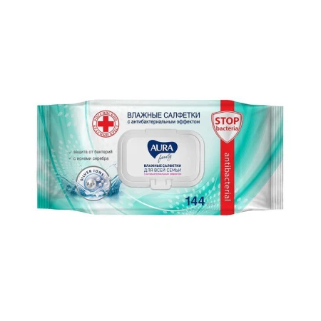 Влажные салфетки АУРА FAMILY 144шт. с крышкой антибактериальные big-pack (12) 33541