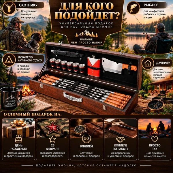 Набор походный (шампура 6шт,стопки 6шт,ножи 2шт,фляжка) нерж.сталь в дерев. ящике большой 2К-306 (1)