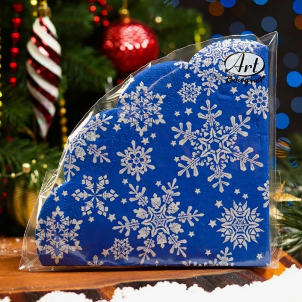 Салфетки бумажные круглые Art Bouquet Rondo 12шт. 3-х слойные d32 Серебряные снежинки на синем (15)