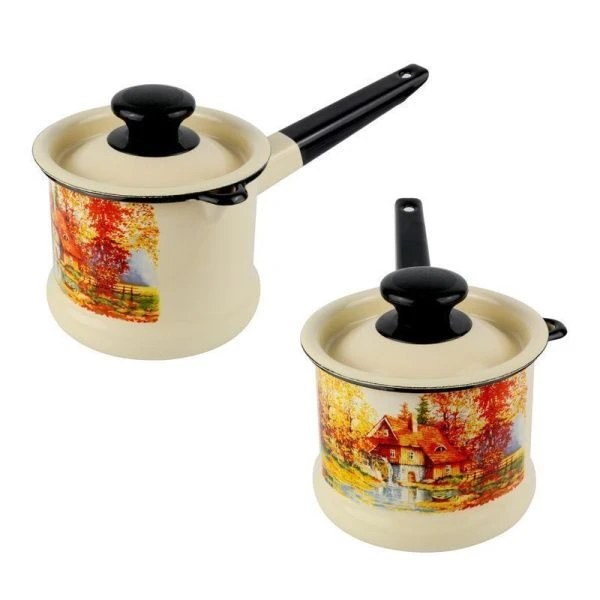 Ковш 1л эмаль СТАРАЯ МЕЛЬНИЦА слон.кость с рис. с крышкой 90204-072/4 (8)