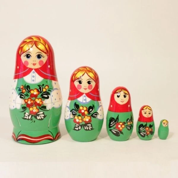Матрешка 5-ти кукольная дерево Незабудка красный платок h13,5см, d 8-6см (1)