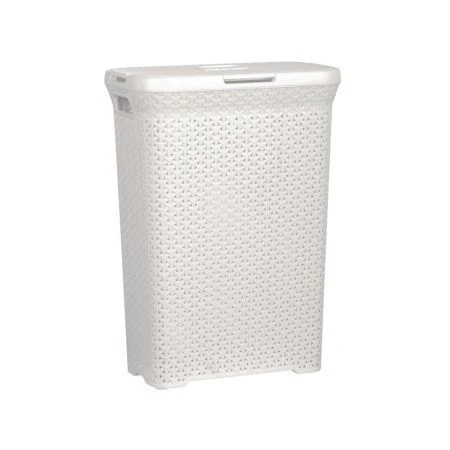 Корзина для белья 55л пластик ПЛЕТЕНАЯ узкая с крышкой (откр. в обе стороны) белая 45*27*61см 2303 (6)