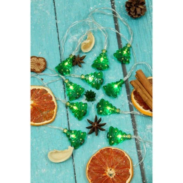 Гирлянда эл 2м с насадками Зеленая елка  , 10LED, шампань, пост.свеч., ПВХ прозр., 2хАА  СНОУ БУМ