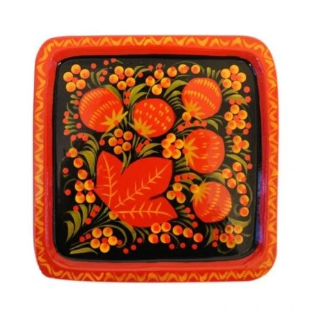 Тарелка деревянная с хохломской росписью Квадратная 15*15*0,5см (1)