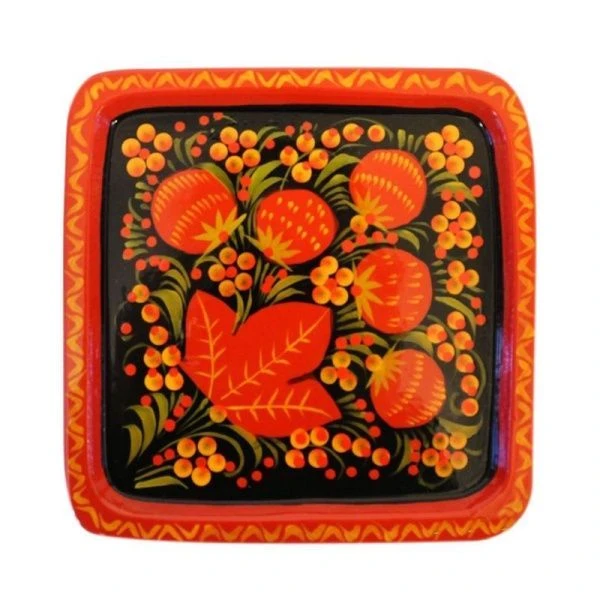 Тарелка деревянная с хохломской росписью Квадратная 15*15*0,5см (1)