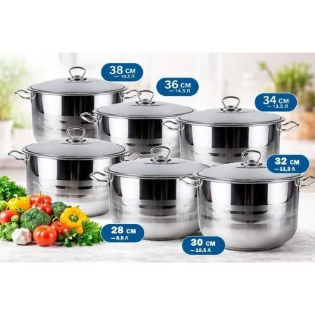 Набор кастрюль 6пр (8,5/10,5/11,5/13,5/14,5/16,5л) нерж.сталь с мет.крышками индукция JC-181