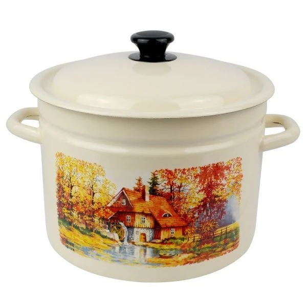 Кастрюля 9л эмаль СТАРАЯ МЕЛЬНИЦА слон.кость с рис. цилиндрическая борт. 41804-212/6-У (2)