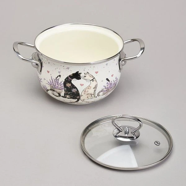 Кастрюля 2л эмаль Lavander Cats со стекл.крышкой 18см (6)
