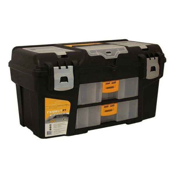 Ящик для инструментов 275*290*430мм пластик ГЕФЕСТ 21' черный/желтым с 2 консолями и секциями, мет. замки (6)