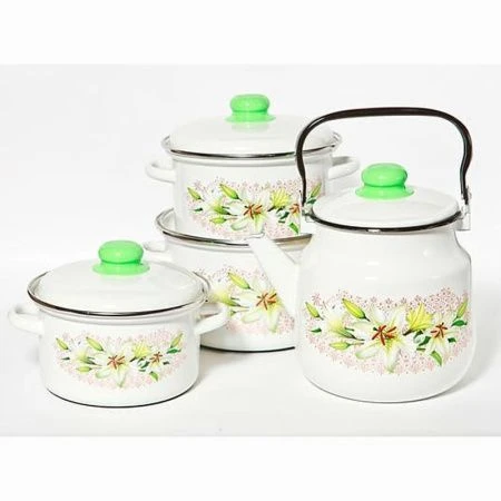 Набор кастрюль 4пр эмаль БЕЛАЯ ЛИЛИЯ (кастрюли 3/4/5,5л чайник 3,5л) 2-3119/4 (1)