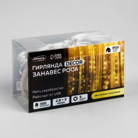 Гирлянда светодиодная Занавес Роса 2,8*3м USB, крючки, пульт, теплый белый свет