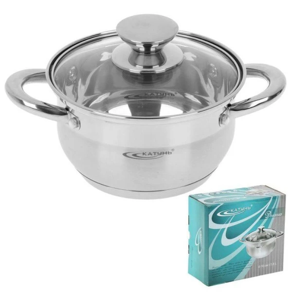 Кастрюля 1,8л нерж.сталь ДИАНА стекл.крышка d16см толщина стенок 0,5мм индукция KT01-D-18 (8)