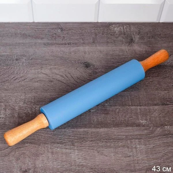 Скалка 43*25*5см силикон с деревянными ручками синяя RL-919 (72)