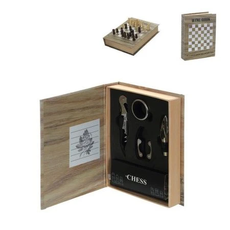 Набор сомелье с шахматами металл 4пр (штопор, кольцо, дозатор, нож д/снятия фольги) 16*4*21см (24)