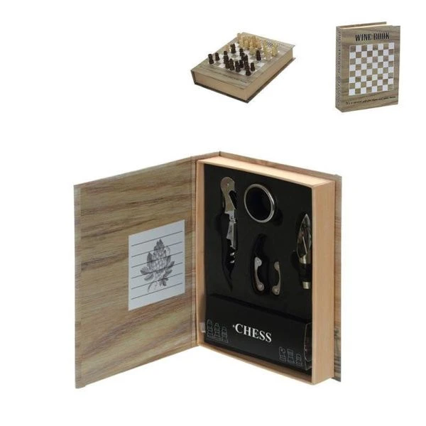 Набор сомелье с шахматами металл 4пр (штопор, кольцо, дозатор, нож д/снятия фольги) 16*4*21см (24)