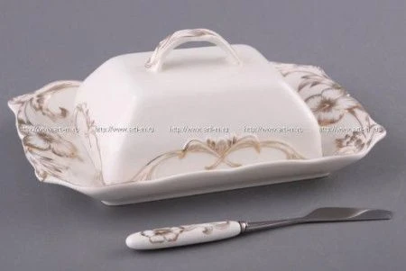 Масленка фарфор СОФИЯ ЗОЛОТОЙ ГИБИСКУС 22*15*8см + нож для масла 418057 (18)