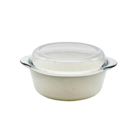 Форма для запекания 2,1л 26,6*22,2см стекло БОРКАМ круглая с крышкой керамическое АП кремовая 59003C