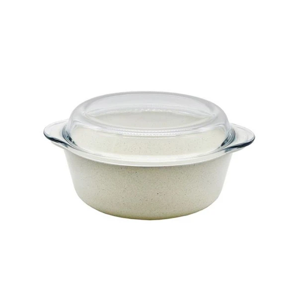 Форма для запекания 2,1л 26,6*22,2см стекло БОРКАМ круглая с крышкой керамическое АП кремовая 59003C