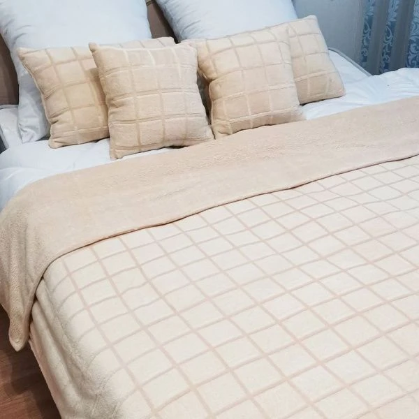 Плед 150*200 фланель ДомВелл рис. Клетка бежевая