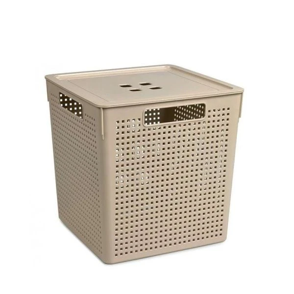 Корзина для хранения 23л 294*294*300мм пластик ЛОФТ латте с крышкой (9)