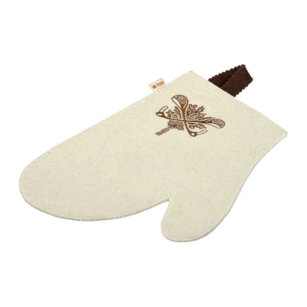 Рукавица банная белая с вышитым логотипом войлок (20)