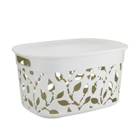 Корзина для хранения 12л 375*265*205мм пластик ФЛОРА Белый ротанг с крышкой (6)