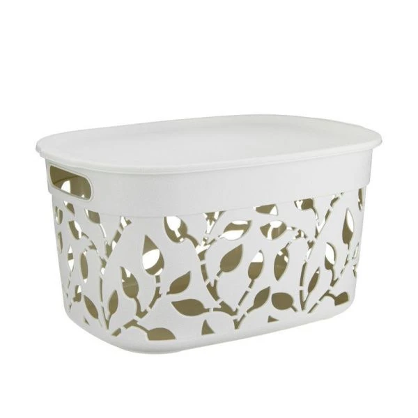 Корзина для хранения 12л 375*265*205мм пластик ФЛОРА Белый ротанг с крышкой (6)