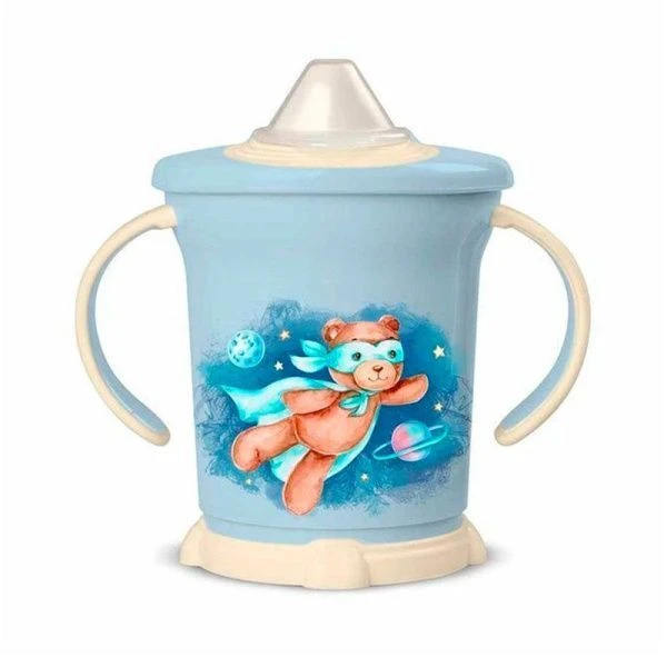 Поильник детский 270мл пластик голубой с ручками и декором (12)