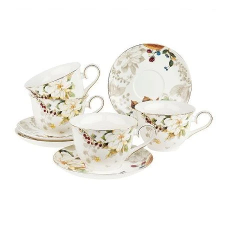 Чайный набор 8пр фарфор ШИПОВНИК на 4 персоны 300мл с золотой обводкой подар.уп. (6) ВЫВОД