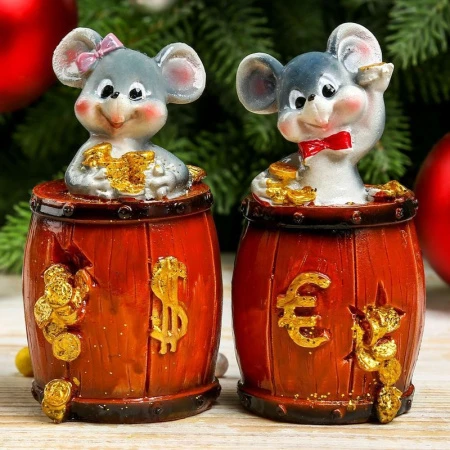 Фигурка Мышуля в бочке с монетками МИКС полистоун 14*7*7см