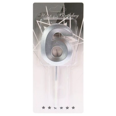 Свеча для торта Серебряный стиль Цифра 6 С-2978
