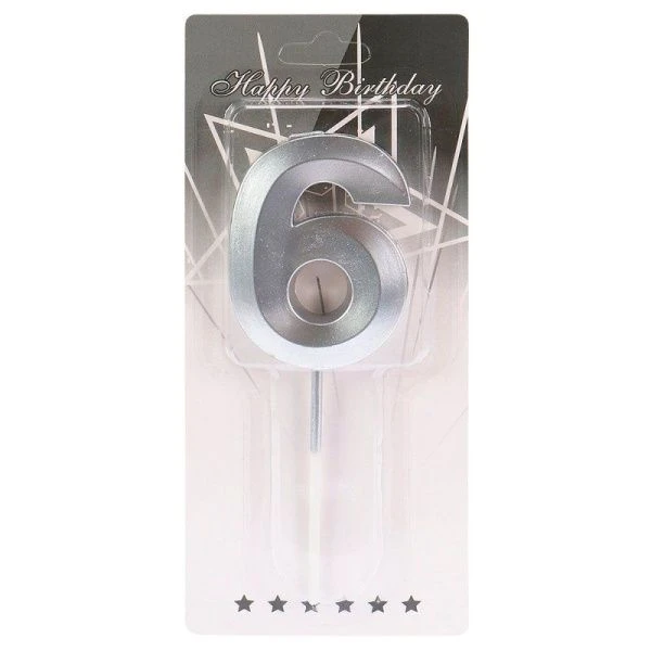 Свеча для торта Серебряный стиль Цифра 6 С-2978