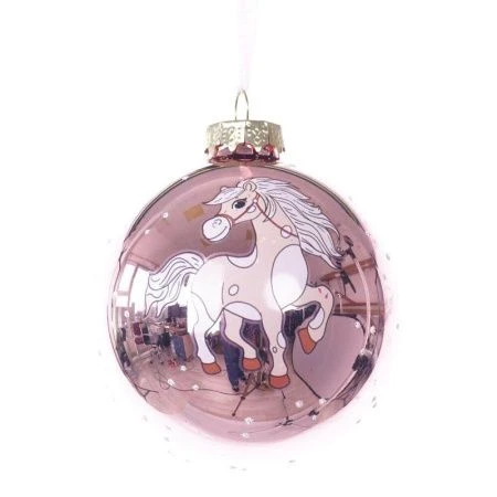 Игрушка новогодняя на елку Шар с лошадкой стекло 8*8*9см розовый (6/72)