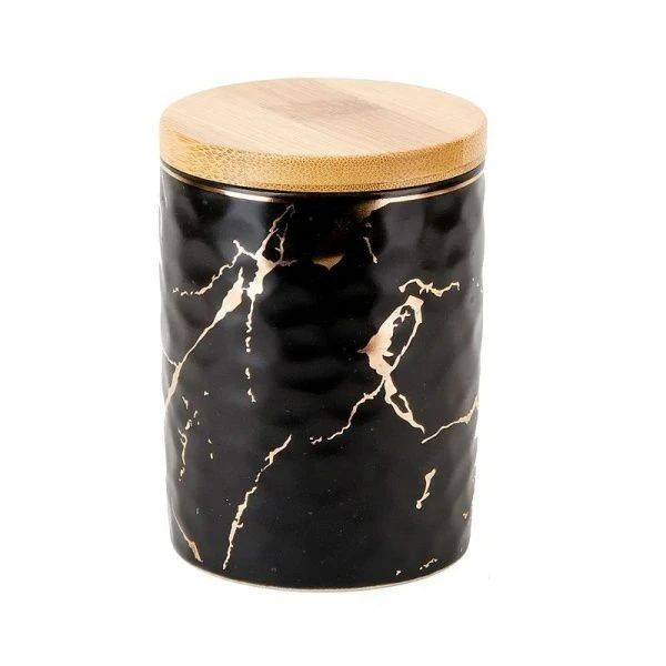 Банка для сыпучих продуктов 250мл 7*9,5см фарфор с бамбук.крышкой Черный мрамор (12) ВЫВОД