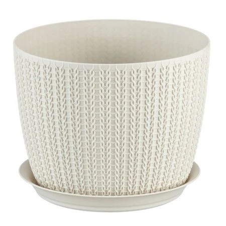 Кашпо 4,5л d210мм пластик ВЯЗАНИЕ белый ротанг с поддоном (9)
