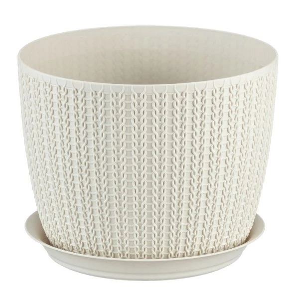 Кашпо 4,5л d210мм пластик ВЯЗАНИЕ белый ротанг с поддоном (9)