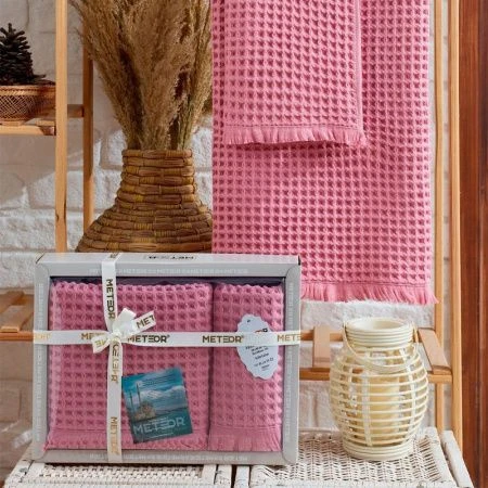 Набор полотенец вафельные 2пр 50*90/70*140см WAFFLE A390 тёмно-розовый 430гр подар.уп