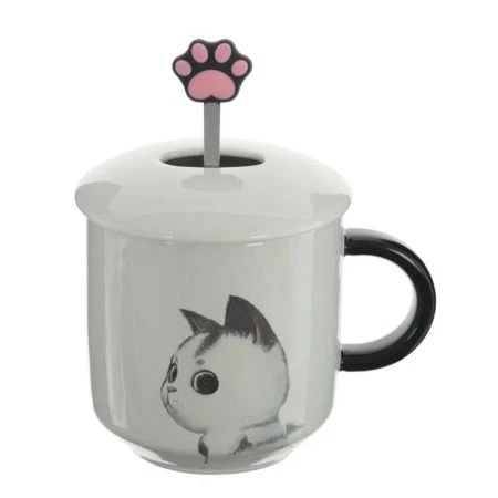 Кружка 400мл фарфор с крышкой мет.ложкой Мяу 4 вида подар.уп. (60)