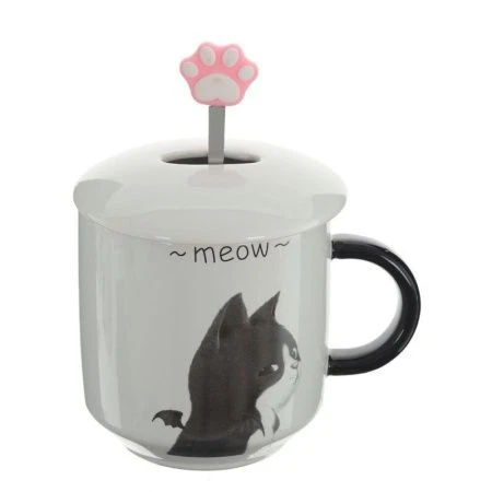 Кружка 400мл фарфор с крышкой мет.ложкой Мяу 4 вида подар.уп. (60)