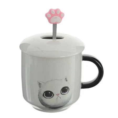 Кружка 400мл фарфор с крышкой мет.ложкой Мяу 4 вида подар.уп. (60)