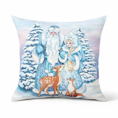 Наволочка декоративная новогодняя 45*45см гобелен СНЕГУРОЧКА, ДЕД МОРОЗ И ОЛЕНЬ серебряный люрекс