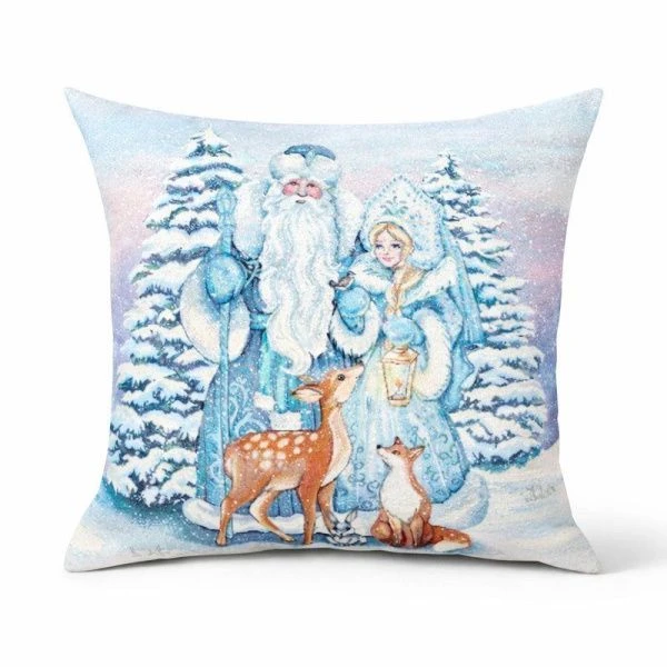 Наволочка декоративная новогодняя 45*45см гобелен СНЕГУРОЧКА, ДЕД МОРОЗ И ОЛЕНЬ серебряный люрекс