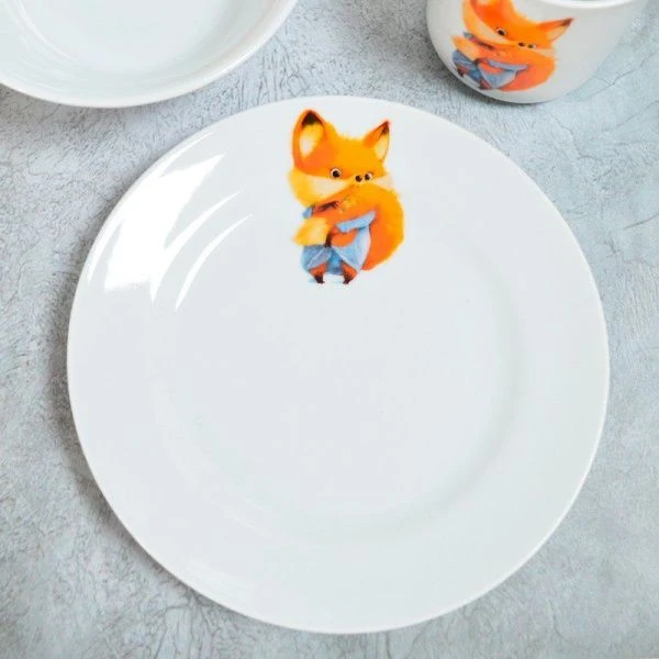 Набор детской посуды 3пр (тарелка губокая 200мл, мелкая тарелка 175мм, кружка 200мл) фарфор КРОХА Лисичка Идиллия (10)