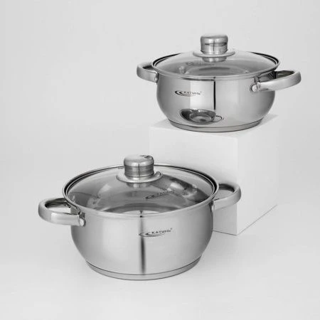 Набор кастрюль 2пр 2,2/,3,2л нерж.сталь ГРЕТТА стекл.крышка толщина стенок 0,4мм индукция КТ04-D (2)