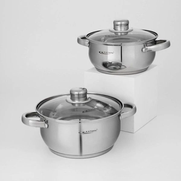 Набор кастрюль 2пр 2,2/,3,2л нерж.сталь ГРЕТТА стекл.крышка толщина стенок 0,4мм индукция КТ04-D (2)