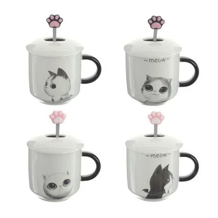 Кружка 400мл фарфор с крышкой мет.ложкой Мяу 4 вида подар.уп. (60)