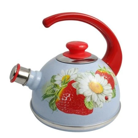Чайник со свистком 2,5л эмаль КЛУБНИКА С РОМАШКОЙ серо-голубой конс.ручка крас. (декор нерж.) (4)