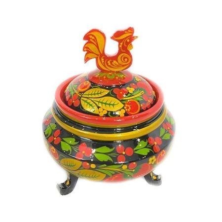 Сахарница дерево с хохломской росписью с крышкой на ножке  Петушок (1)