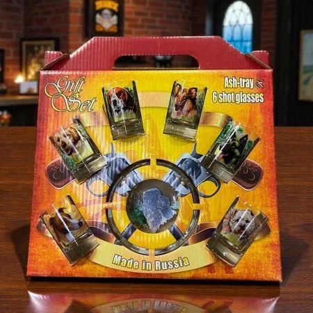 Набор подарочный 7пр (пепельница, 6стопок) стекло СОБАКИ (6)